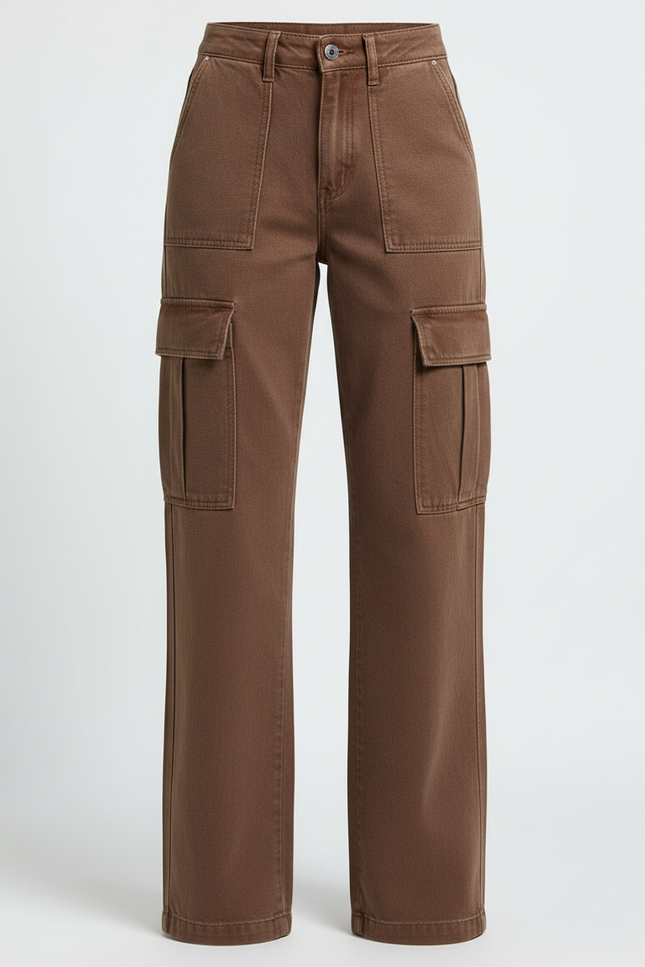 Pantalon Marron Cargo Ample Taille Haute Femme - Toile - vue 3