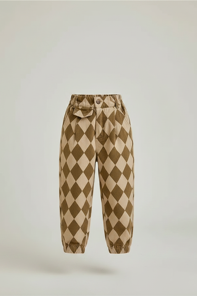 Pantalon Marron À Carreaux Losanges Ample Enfant Décontracté - Molleton - vue 3