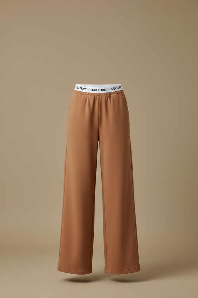 Pantalon Marron Ample Taille Haute Confortable Femme - Camel Molleton - vue 3