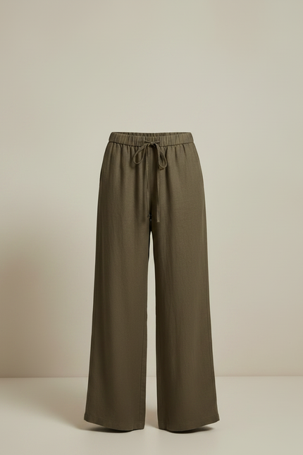 Pantalon Marron Lin Ample Cordon Femme - Kaki - vue 3