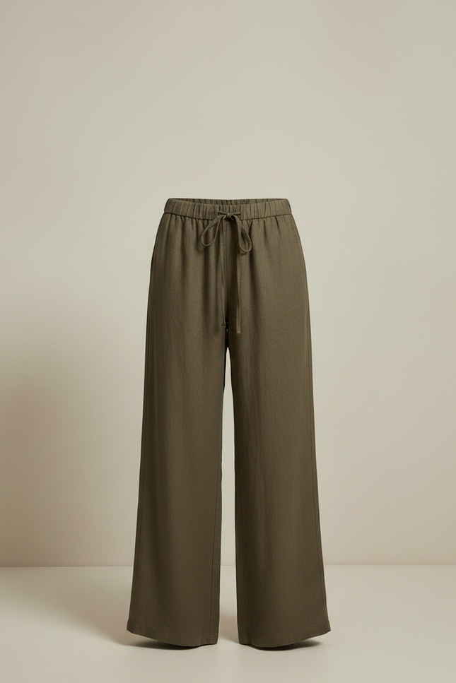 Pantalon Marron Lin Ample Cordon Femme - Kaki - vue 3