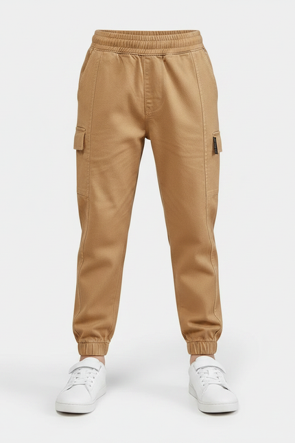 Pantalon Marron Garçon Coton Cargo Jogger Élastique - Camel - vue 3