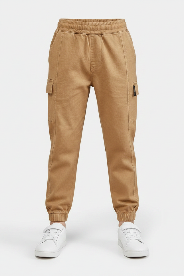 Pantalon Marron Garçon Coton Cargo Jogger Élastique - Camel - vue 3