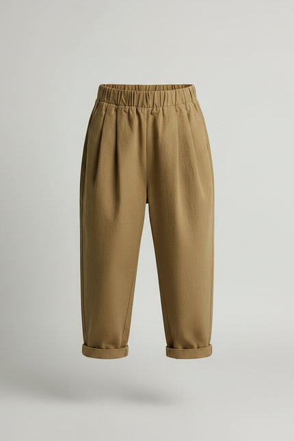 Pantalon Marron Ample Coton Enfant Plissé Décontracté - Kaki - vue 3
