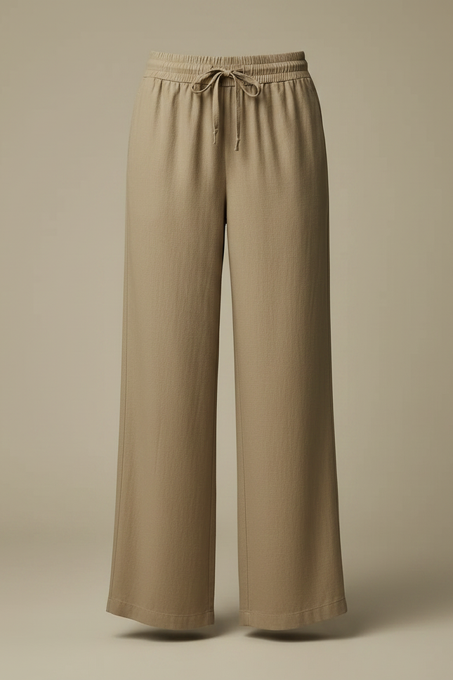Pantalon Marron Lin Ample Taille Élastique Femme - Kaki - vue 3