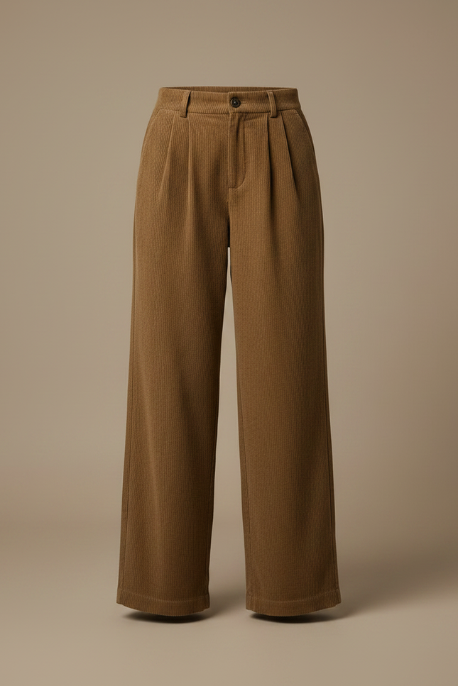 Pantalon Marron Côtelé Droit Ample Plissé Taille Haute Femme - Cordé - vue 3