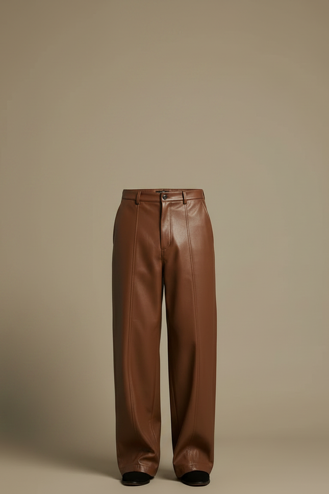 Pantalon Marron Cuir Ample Homme Décontracté - vue 3
