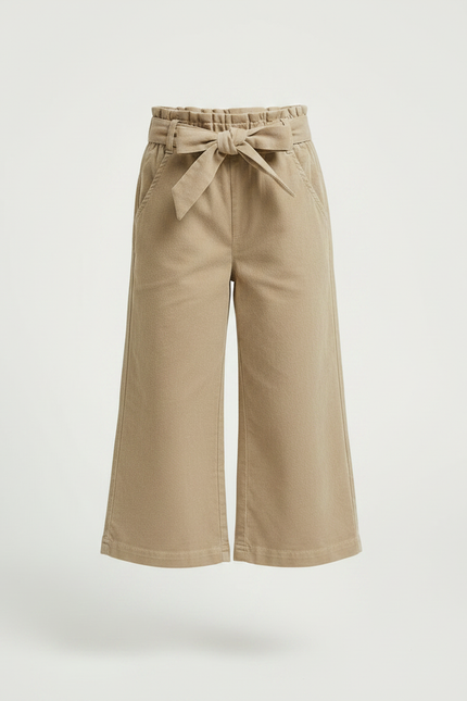Pantalon Marron Ample Coton Culotte Nœud Fille - Gabardine - vue 3