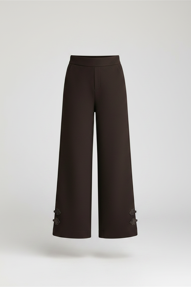 Pantalon Marron Ample Taille Haute Décontracté Brodé - Tweed - vue 3