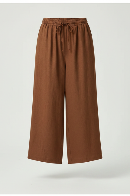 Pantalon Marron Lin Ample Cordon Fluide Femme - vue 3