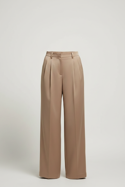Pantalon Marron Satiné Large Taille Haute Fluide - Beige - vue 3