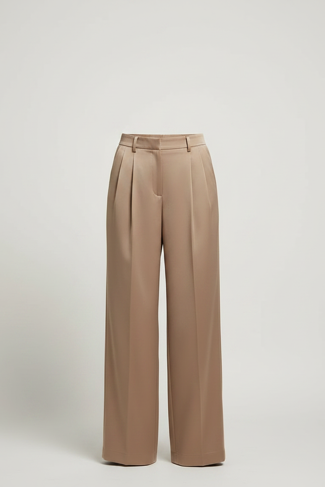 Pantalon Marron Satiné Large Taille Haute Fluide - Beige - vue 3