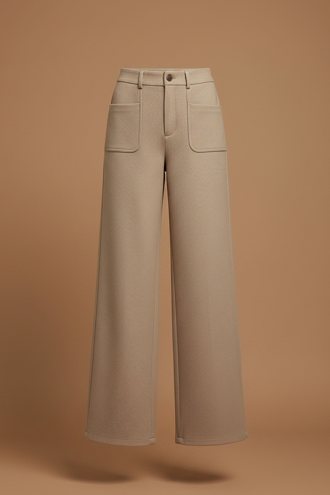 Pantalon Marron Laine Large Droit Élégant Femme - Beige - vue 3