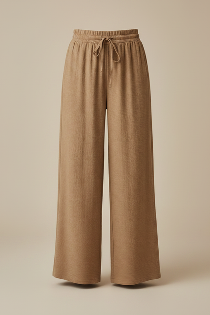 Pantalon Marron Fluide Ample Texturé Cordon Femme - Maille - vue 3