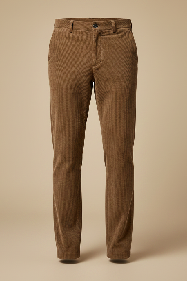 Pantalon Marron Côtelé Droit Élégant Homme Décontracté - Camel Cordé - vue 3