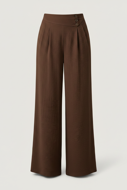 Pantalon Marron Ample Fluide Boutons Latéraux Chic - Viscose - vue 3