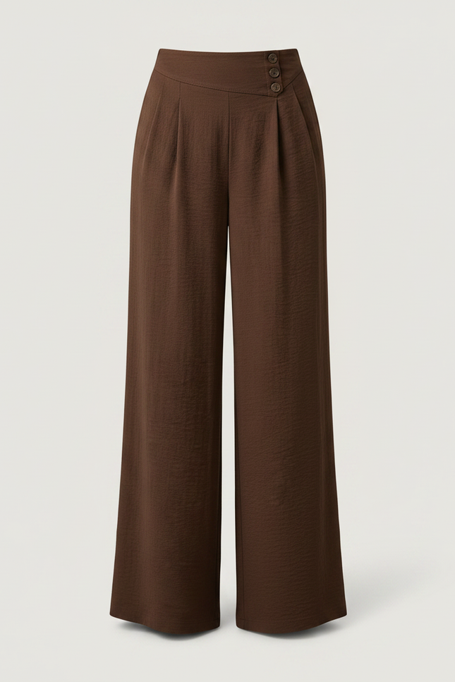 Pantalon Marron Ample Fluide Boutons Latéraux Chic - Viscose - vue 3